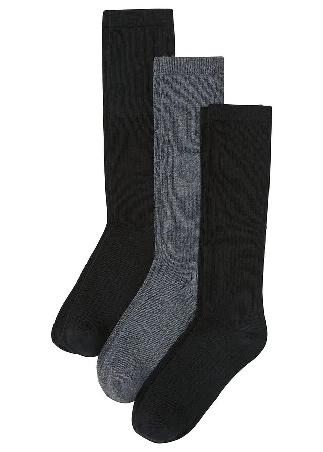 Calcetines hasta la rodilla (3 unidades) de algodón orgánico con estructura acanalada Negro-gris pizarra